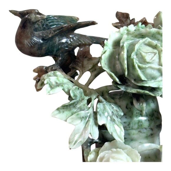 Antique Chinoiserie Carved Jade Bird & Peonies Flower Statue Vintage Wooden Base - Picture 3 of 10